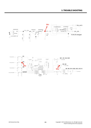 Page 663. TROUBLE SHOOTING
- 66 -Copyright © 2013 LG Electronics. Inc. All right reserved.Only for training and service purposesLGE Internal Use Only
C1114100pEAG63293301
20549-001E
SW1003
4
3 2
1
ANTCOMMON
G3G4
22p
C1071
W_FL2-R-SMT-1_80 SW1002
EAG63412001
G1
G2ANTG3
ECA30240001
FL1014
LDJ18829M24AD011 IN
1
Termination_Port 4GND1
2GND2 5OUT
3
Coupling 6
L1048
100n
R1011
49.9
DNI
L107
3
L1074
DNI
TRX_ANT2
CPL_CPL
13.04.25 changed
TP1
TP2
TP3
L1001
12n
C1102100p1 2
C1018
33p33p
C1020C1017
33p
L1014...