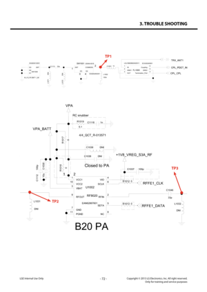Page 723. TROUBLE SHOOTING
- 72 -Copyright © 2013 LG Electronics. Inc. All right reserved.Only for training and service purposesLGE Internal Use Only
SW100120549-001EEAG63293301
4
3 2
1
ANTCOMMON
G3G4
LDJ18829M24AD011
FL1000
ECA30240001
IN
1
Termination_Port 4GND1
2GND2 5OUT
3
Coupling 6
100nL1002DNI
L1071
L1072 DNI
33p
C11131n
C1001
W_FL2-R-SMT-1_80 SW1000
EAG63412001
G1
G2ANTG3
TRX_ANT1
CPL_CPL
CPL_PDET_IN
TP1
C1035
10u
C1112 100p
100p
C1037
R1017
0
R10180
2
1
RF8020
EAN62867601
U1002
6
5
7 4
8
3
9
2
10
1
11...