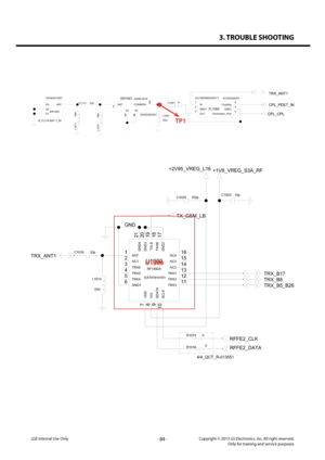 Page 843. TROUBLE SHOOTING
- 84 -Copyright © 2013 LG Electronics. Inc. All right reserved.Only for training and service purposesLGE Internal Use Only
SW100120549-001EEAG63293301
4
3 2
1
ANTCOMMON
G3G4
LDJ18829M24AD011
FL1000
ECA30240001
IN
1
Termination_Port 4GND1
2GND2 5OUT
3
Coupling 6
100nL1002DNI
L1071
L1072 DNI
33p
C11131n
C1001
W_FL2-R-SMT-1_80 SW1000
EAG63412001
G1
G2ANTG3
TRX_ANT1
CPL_CPL
CPL_PDET_IN
TP1
EAT61914101
U1000
RF1492A
21
20
7
8
6
9
5
10
4 3
11
2
12
1
19
18
17
16
15
14
13
TRX1
NC2
NC3...
