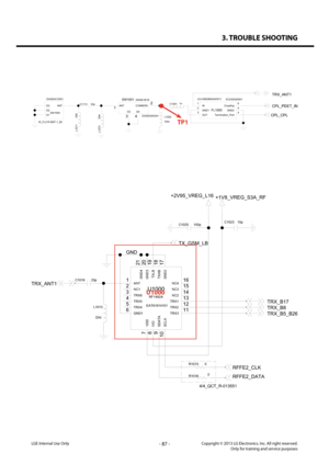 Page 873. TROUBLE SHOOTING
- 87 -Copyright © 2013 LG Electronics. Inc. All right reserved.Only for training and service purposesLGE Internal Use Only
SW100120549-001EEAG63293301
4
3 2
1
ANTCOMMON
G3G4
LDJ18829M24AD011
FL1000
ECA30240001
IN
1
Termination_Port 4GND1
2GND2 5OUT
3
Coupling 6
100nL1002DNI
L1071
L1072 DNI
33p
C11131n
C1001
W_FL2-R-SMT-1_80 SW1000
EAG63412001
G1
G2ANTG3
TRX_ANT1
CPL_CPL
CPL_PDET_IN
TP1
EAT61914101
U1000
RF1492A
21
20
7
8
6
9
5
10
4 3
11
2
12
1
19
18
17
16
15
14
13
TRX1
NC2
NC3...