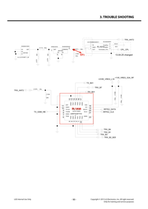 Page 903. TROUBLE SHOOTING
- 90 -Copyright © 2013 LG Electronics. Inc. All right reserved.Only for training and service purposesLGE Internal Use Only
C1114100pEAG63293301
20549-001E
SW1003
4
3 2
1
ANTCOMMON
G3G4
22p
C1071
W_FL2-R-SMT-1_80 SW1002
EAG63412001
G1
G2ANTG3
ECA30240001
FL1014
LDJ18829M24AD011 IN
1
Termination_Port 4GND1
2GND2 5OUT
3
Coupling 6
L1048
100n
R1011
49.9
DNI
L107
3
L1074
DNI
TRX_ANT2
CPL_CPL
13.04.25 changedTP1
L1054
DNI
LMSP32QP-F03
EAT61793601FL1018
23
11
10
8 9
6 7
5 13
4 12
2 15
14
20...