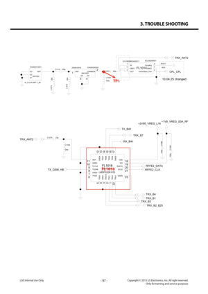 Page 973. TROUBLE SHOOTING
- 97 -Copyright © 2013 LG Electronics. Inc. All right reserved.Only for training and service purposesLGE Internal Use Only
L1054
DNI
LMSP32QP-F03
EAT61793601FL1018
23
11
10
8 9
6 7
5 13
4 12
2 15
14
20
17
21
16
22
19
3
18
1
TRX2
VDD
TRX10
VIO
TRX3
TRX4
SCLK
GND5
SDATA
TRX6TRX5
TRX1
GND4
GND1
TRX7
TRX9
GND2TRX8
TX1LBTX2HB
GND3ANT
GND6
C1081
100p
+1V8_VREG_S3A_RF
100p C1080
+2V95_VREG_L16
33p
C1079
RFFE2_DATA
RFFE2_CLK
TRX_ANT2
TX_GSM_HB
TRX_B3
TRX_B2_B25
TRX_B7
RX_B41
TRX_B4
TRX_B1...