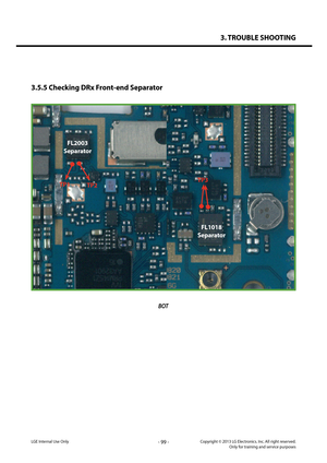 Page 993. TROUBLE SHOOTING
- 99 -Copyright © 2013 LG Electronics. Inc. All right reserved.Only for training and service purposesLGE Internal Use Only
3.5.5 Checking DRx Front-end Separator
BOT
TP1
FL2003
Separator
FL1018
Separator
TP3TP2   