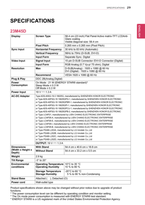 Page 2929
ENGENGLISH
SPECIFICATIONS
 
SPECIFICATIONS 
DisplayScreen Type58.4 cm (23 inch) Flat Panel Active matrix-TFT LCDAnti-Glare coatingVisible diagonal size: 58.4 cm
Pixel Pitch0.265 mm x 0.265 mm (Pixel Pitch)
Sync InputHorizontal Frequency30 kHz to 83 kHz (Automatic)
Vertical Frequency56Hz to 75Hz (D-SUB, DVI-D)
Input FormSeparate Sync. Digital
Video InputSignal Input15 pin D-SUB Connector /DVI-D Connector (Digital)
Input FormRGB Analog (0.7 Vp-p/ 75 ohm), Digital
ResolutionMaxD-SUB(Analog) : 1920 x 1080...