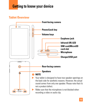 Page 1313
Tablet Overview
Volume ke\fs
Rear-\bacing camera
Speakers Front-\bacing camera
Power/Lock ke\f
Earphone jack
SIM card/MicroSD 
card slot In\brared (IR) LED
Charger/USB port Microphone
 nNOTE
 XY

our tablet is designed to have two spea\fer openings on 
the bac\f side for aesthetic reasons. \bowever, the actual 
sound comes from only one spea\fer. Please note that it’s 
not a product defect.
 X M

a\fe sure that the microphone is not bloc\fed when 
recording a video or audio clip.
Getting to know \four...