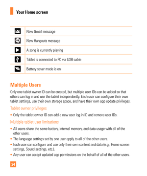 Page 3434
New Gmail message
New Hangouts message
A song is currently playing
Tablet is connected to PC via USB cable
Battery saver mode is on
Multiple Users
Only one tablet owner ID can be created, but multiple user IDs can be ad\
ded so that 
others can log in and use the tablet independently. Each user can configure their own 
tablet settings, use their own storage space, and have their own app upd\
ate privileges.
Tablet owner privileges
• Only the tablet owner ID can add a new user log in ID and remove user...