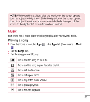 Page 6463
NOTE: While watching a video, slide the left side of the screen up and 
down to adjust the brightness. Slide the right side of the screen up and 
down to adjust the volume. You can also slide the bottom part of the 
screen to the right or left to fast-forward and rewind.
Music
Your phone has a music player that lets you play all of your favorite tra\
cks.
Playing a song
1  From the Home screen, tap Apps  > the Apps tab (if necessary) >  Music . 
2   Tap the Songs tab.
3   Tap the song you want to...