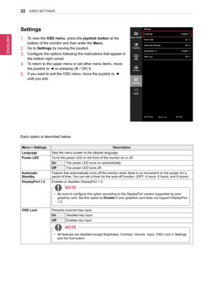 Page 32ENGLISH
32UseR seTTInGs
settings
1  To view the osD menu, press the joystick button at the 
bottom of the monitor and then enter the Menu.
2  Go to settings by moving the joystick.
3  Configure the options following the instructions that appear in 
the bottom right corner.
4  To return to the upper menu or set other menu items, move 
the joystick to ◄ or pressing ( / OK) it.
5  If you want to exit the OSD menu, move the joystick to ◄ 
until you exit.
Each option is described below.
Menu >...