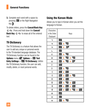 Page 2020
General Functions
3. Complete each word with a space by 
pressing  or the Right Navigation 
Key .
To delete letters, press the Cancel/Back Key 
. Press and hold down the Cancel/
Back Key  to erase all of the entered 
text.
T9 Dictionary
The T9 Dictionary is a feature that allows the 
user to add any unique or personal words 
to the T9 standard language database. The 
T9 Dictionary function can be found in the 
Options menu (
 Options >  Te x t  
Entry Settings >  T9 Dictionary). Within 
the T9...