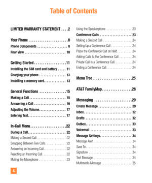 Page 44
Table of Contents
LIMITED WARRANTY STATEMENT  ....2
Your Phone ......................8
Phone Components  ................... 8
Rear view  .......................... 10
Getting Started ..................11
Installing the SIM card and battery  ..... 11
Charging your phone ................. 13
Installing a memory card. . . . . . . . . . . . . .  13
General Functions  ...............15
Making a Call ....................... 15
Answering a Call  .................... 16
Adjusting the Volume ....................