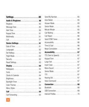 Page 66
Settings ........................60
Audio & Ringtones ................... 60
Ringtone ............................ 60
Message Tone ........................ 60
Alert Tone  ........................... 60
Keypad Tone ......................... 61
Multimedia  .......................... 61
Call ................................ 61
Device Settings ...................... 61
Date & Time ......................... 61
Languages  .......................... 62
Set Hotkeys .......................... 62
Flight Mode...