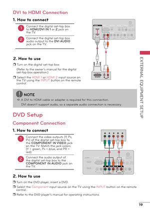 Page 1919
EXTERNAL EQUIPMENT SETUP
ANTENNA/CABLE INVIDEOAV INAARGB IN
COMPONENT IN
PRPBY
OPTICALDIGITALTTAUDIO OUT
AUDIO
AUDIOAUDIO OUT
AUDIORGB (PC)1
2
VIDEO
/ DVI INDD
DVI ADDUDIO
1
2
/ DVI IN
DVI AUDIO
1
LRDVI OUTPUT
AUDIO
2
DVI to HDMI Connection
1. How to connect
1
2
Connect the digital set-top box 
to HDMI/DVI IN 1 or 2 jack on 
the TV.
Connect the digital set-top box 
audio output to the DVI AUDIO 
jack on the TV.
2. How to use
r Turn on the digital set-top box.
(Refer to the owner’s manual for the...