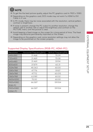 Page 2525
EXTERNAL EQUIPMENT SETUP
NOTE
a To get the the best picture quality, adjust the PC graphics card to 1920 x 1080.
a Depending on the graphics card, DOS mode may not work if a HDMI to DVI Cable is in use.
a In PC mode, there may be noise associated with the resolution, vertical pattern,  contrast or brightness.
a If noise is present, change the PC output to another resolution, change the  refresh rate to another rate or adjust the brightness and contrast on the 
PICTURE menu until the picture is clear....