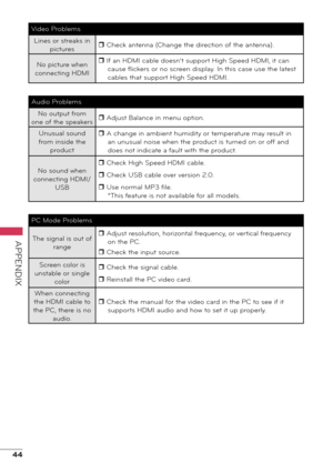 Page 4444
APPENDIX
Video ProblemsLines or streaks in  pictures r Check antenna (Change the direction of the antenna).
No picture when 
connecting HDMI r If an HDMI cable doesn’t support High Speed HDMI, it can 
cause flickers or no screen display. In this case use the latest 
cables that support High Speed HDMI.
Audio Problems
No output from 
one of the speakers r Adjust Balance in menu option.
Unusual sound 
from inside the  product r A change in ambient humidity or temperature may result in 
an unusual noise...