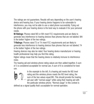 Page 102101
The ratings are not guarantees. Results will vary depending on the user’s hearing 
device and hearing loss. If your hearing device happens to be vulnerable to 
interference, you may not be able to use a rated phone successfully. Trying out 
the phone with your hearing device is the best way to evaluate it for your personal 
needs.
M-Ratings: Phones rated M3 or M4 meet FCC requirements and are likely to 
generate less interference to hearing devices than phones that are not labeled. M4 
is the better/...