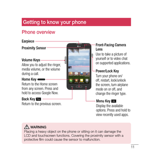 Page 1211
Getting to know your phone
Phone overview
Proximity Sensor Earpiece
Home Key 
Return to the Home screen 
from any screen. Press and 
hold to access Google Now. Volume Keys
Allow you to adjust the ringer, 
media volume, or the volume 
during a call.
Back Key 
Return to the previous screen.Menu Key Display the available 
options. Press and hold to 
view recently used apps.
Power/Lock Key
Turn your phone on/
off, restart, lock/unlock 
the screen, turn airplane 
mode on or off, and 
change the ringer...