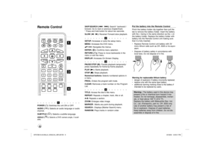 Page 66Remote Control
a
b
c
d
l  l  l  l  l  l  l
 a
 l  l  l  l  l  l  l
POWER (1): Switches the unit ON or OFF.
AUDIO (
): Selects an audio language or audio 
channel.
SUBTITLE (
): Selects a subtitle language.
ANGLE (
): Selects a DVD camera angle, if avail-
able.
SKIP/SEARCH (. / >): Search* backward / 
forward. Go to next or previous chapter/track.
* Press and hold button for about two seconds.
SLOW (t / T): Reverse/ Forward slow playback.l  l  l  l  l  l  l
 b
 l  l  l  l  l  l  l
SETUP: Accesses or...