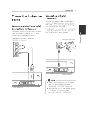 Page 19Connecting19
Connecting2
Connection to Another 
device
Accessory Audio/Video (A/V) 
Connections to Recorder 
Connect the input jacks (AV IN 2) on the recorder to the audio/video out jacks on your accessory component, using audio/video cables.
L
R
VIDEO 
OUTPUT
AUDIO 
OUTPUT
Front of the unit
Jack panel of Accessory Component 
( VCR, Comcorder, etc.)
Connecting a Digital 
Camcorder
Using the front panel DV IN jack, it is possible to connect a DV digital camcorder or video deck or DVD-R/RW recorder and...