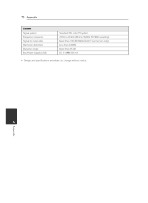 Page 70Appendix70
Appendix6
System
Signal systemStandard PAL color TV system
Frequency response20 Hz to 20 kHz (48 kHz, 96 kHz, 192 kHz sampling) 
Signal-to-noise ratioMore than 100 dB (ANALOG OUT connectors only)
Harmonic distortionLess than 0.008%
Dynamic rangeMore than 95 dB
Bus Power Supply (USB)DC 5 V 0 500 mA
 yDesign and specifications are subject to change without notice. 