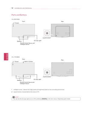 Page 12ENGLISH
12ASSEMBLING AND PREPARING
Parts and Buttons
1 Intelligent sensor - Adjusts the image quality and brightness based on t\
he surrounding environment.
2 Joystick button is located behind the screen of TV.
 yYou can set the LG Logo Light to on or off by selecting GENERAL in the main menus. (Depending upon model)
 NOTE
Remote Control Sensor andIntelligent Sensor1
LG Logo Light
Screen
Speakers
Joystick button2
Joystick button2
Built in Camera
(For 55EC9300)
(For 77EC9800)
Front
Rear
Rear
Remote...