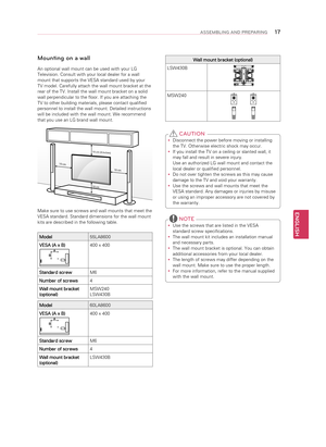 Page 17ENGLISH
17ASSEMBLING AND PREPARING
Tidying cables
1
 Gather and bind the cables with the cable holder on 
the back of the TV.
2 Gather and bind the cables with the cable 
management clip.
Mounting on a wall
An optional wall mount can be used with your LG
Television. Consult with your local dealer for a wall
mount that supports the VESA standard used by your
TV model. Carefully attach the wall mount bracket at the
rear of the TV. Install the wall mount bracket on a solid
wall perpendicular to the floor....