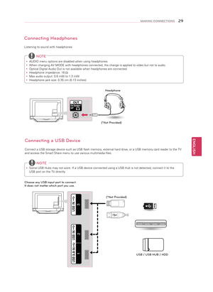 Page 29ENGLISH
29MAKING CONNECTIONS
Connecting to an Audio System
You can use an optional external audio system instead of the built-in sp\
eaker.
Digital Optical Audio Connection
Transmits a digital audio signal from the TV to an external device. Conn\
ect the external device and the TV with the 
optical audio cable as shown in the following illustration.
 NOTE
 
y   Do not look into the optical output port. Looking at the laser beam may \
damage your vision.
 
y Audio with ACP (Audio Copy Protection) function...