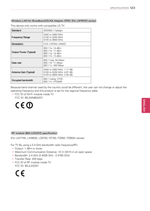 Page 123Wireless LAN for Broadband/DLNA Adaptor SPEC (For LW9500 series)
This device only works with compatible LG TV.
StandardIEEE802.11a/b/g/n
Frequency Range2402 to 2483 MHz5150 to 5250 MHz5725 to 5850 MHz
ModulationCCK / OFDM / MIMO
Output Power (Typical)
802.11a: 14 dBm802.11b: 17 dBm802.11g: 14 dBm802.11n: 13 dBm
Data rate802.11a/g: 54 Mbps802.11b: 11 Mbps802.11n: 300 Mbps
Antenna Gain (Typical)2402 to 2483 MHz: 1.17 dBi5150 to 5250 MHz: 4.67 dBi5725 to 5850 MHz: 3.30 dBi 
Occupied bandwidth802.11a/b/g:...