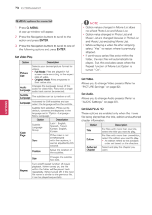 Page 70Q.MENU options for movie list
1 Press Q. MENU.
A pop-up window will appear.
2 Press the Navigation buttons to scroll to the 
option and press ENTER.
3 Press the Navigation buttons to scroll to one of 
the following options and press ENTER.
Set Video Play.
OptionDescription
Picture Size
Selects your desired picture format for videos.yyFull Mode: Files are played in full screen mode according to the aspect ratio of video.yyOriginal Mode: Files are played in their native size.
Audio Language
Changes the...