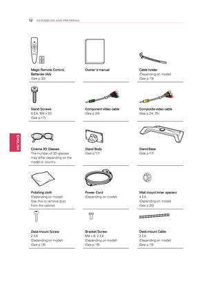 Page 12Magic Remote Control, 
Batteries (AA)
(See p.30)Owner’s manual
Cable holder 
(Depending on model)
(See p.19)
Stand Screws
8 EA, M4 x 20
(See p.17)Component video cable 
(See p.24)
Composite video cable 
(See p.24, 25)
Cinema 3D Glasses
The number of 3D glasses 
may differ depending on the 
model or country.Stand Body 
(See p.17)
Stand Base 
(See p.17)
Polishing cloth
(Depending on model)
Use this to remove dust 
from the cabinet.Power Cord 
(Depending on model)
Wall mount inner spacers  
4 EA...