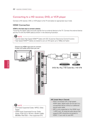 Page 22Connecting to a HD receiver, DVD, or VCR player
Connect a HD receiver, DVD, or VCR player to the TV and select an appropriate input mode.
HDMI Connection
HDMI is the best way to connect a device. 
Transmits the digital video and audio signals from an external device to the TV. Connect the external device 
and the TV with the HDMI cable as shown in the following illustration.
 NOTE
y
y Use the latest High Speed HDMI™ Cable with CEC (Customer Electronics Control) function. 
y
y High Speed HDMI™ Cables are...