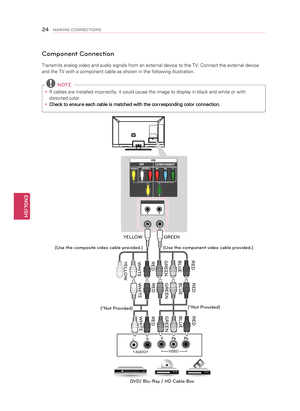 Page 24VIDEOAUDIO
LR
INCOMPONENTAVPRPBYAUDIOVIDEO
Component Connection
Transmits analog video and audio signals from an external device to the TV. Connect the external device 
and the TV with a component cable as shown in the following illustration.
 NOTE
y
y If cables are installed incorrectly, it could cause the image to display in black and white or with 
distorted color. 
y
y Check to ensure each cable is matched with the corresponding color connection.
DVD/ Blu-Ray / HD Cable Box \b*Not Provided)
\b*Not...