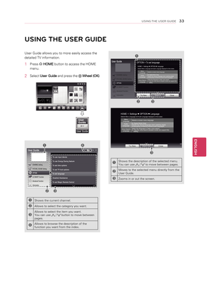 Page 33User Guide allows you to more easily access the 
detailed TV information.
1 Press  
HOME  button to access the HOME 
menu.
2  Select 
User Guide  and press the  Wheel (OK) .
00380056004800550003002A0058004C00470048

00380056004800550003002A0058004C00470048
0026002B0024003100310028002F00030036004800570057004C0051004A
0033002C00260037003800350028000F00030036003200380031002700030036004800570057004C0051004A
003200330037002C00320031
002F002A000300360030002400350037000300290058005100460057004C00520051...