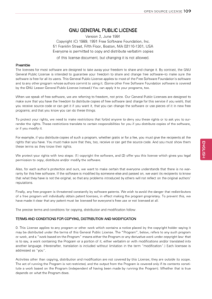 Page 10910\b
ENGENGLISH
OPEN SOURCE LICENSE
Preamble
The  licenses  for  most  software  are  designed  to  take  away  your  freedom  to  share  and  change  it.  By  contrast,  the  GNU 
General  Public  License  is  intended  to  guarantee  your  freedom  to  share  and  change  free  software--to  make  sure  the 
software is free for all its users. This General Public License applies to most of the Free Software Foundation’s software 
and to any other program whose authors commit to using it. (Some other...