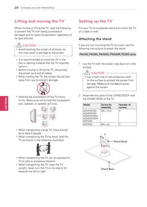 Page 28\f8
ENGENGLISH
ASSEMBLING AND PREPARING
Lifting and moving the TV
When moving or lifting the TV, read the following 
to prevent the TV from being scratched or 
damaged and for save transportation regardless of 
its type and size.
 CAUTION
yyAvoid touching the screen at all times, as 
this may result in damage to the screen. 
yyIt is recommended to move the TV in the 
box or packing material that the TV originally 
came in.
yyBefore moving or lifting the TV, disconnect 
the power cord and all cables....