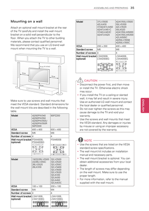 Page 3535
ENGENGLISH
ASSEMBLING AND PREPARING
Mounting on a wall
Attach an optional wall mount bracket at the rear 
of the TV carefully and install the wall mount 
bracket on a solid wall perpendicular to the 
floor. When you attach the TV to other building 
materials, please contact qualified personnel.
We recommend that you use an LG brand wall 
mount when mounting the TV to a wall.
10 cm
10 cm
10 cm
10 cm
 
Make sure to use screws and wall mounts that 
meet the VESA standard. Standard dimensions for 
the...