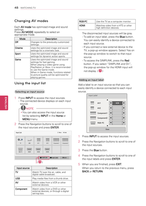 Page 4848
ENGENGLISH
WATCHING TV
Changing AV modes
Each AV mode has optimized image and sound settings. Press AV MODE repeatedly to select an appropriate mode.
ModeDescription 
Off Changes to the previously customized settings. 
Cinema Uses the optimized image and sound settings for a cinematic look. 
Sport Uses the optimized image and sound settings for dynamic action sports.
Game Uses the optimized image and sound settings for fast gaming.When playing a video game using PlayStation or Xbox. it is recommended...