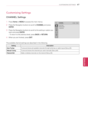 Page 6767
ENGENGLISH
CUSTOMIZING SETTINGS
Customizing Settings
CHANNEL Settings
1 Press Home or MENU to access the main menus.
2 Press the Navigation buttons to scroll to CHANNEL and press 
ENTER.
3 Press the Navigation buttons to scroll to the setting or option you 
want and press ENTER.
- To return to the previous level, press BACK or RETURN.
4  When you are finished, press EXIT. 
The available channel settings are described in the following.
SettingDescription
Auto TuningTunes and stores all available...