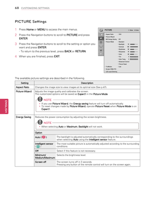 Page 6868
ENGENGLISH
CUSTOMIZING SETTINGS
PICTURE Settings
1 Press Home or MENU to access the main menus.
2 Press the Navigation buttons to scroll to PICTURE and press 
ENTER.
3 Press the Navigation buttons to scroll to the setting or option you 
want and press ENTER.
- To return to the previous level, press BACK or RETURN.
4  When you are finished, press EXIT. 
The available picture settings are described in the following.
SettingDescription
Aspect RatioChanges the image size to view images at its optimal size...