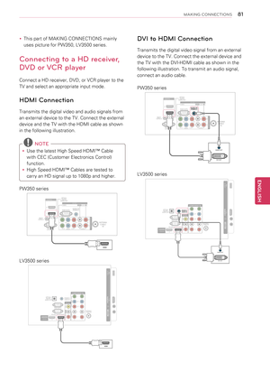 Page 8181
ENGENGLISH
MAKING CONNECTIONS
yyThis part of MAKING CONNECTIONS mainly 
uses picture for PW350, LV3500 series.
Connecting to a HD receiver, 
DVD or VCR player
Connect a HD receiver, DVD, or VCR player to the 
TV and select an appropriate input mode.
HDMI Connection
Transmits the digital video and audio signals from 
an external device to the TV. Connect the external 
device and the TV with the HDMI cable as shown 
in the following illustration.
 NOTE
yyUse the latest High Speed HDMI™ Cable 
with CEC...