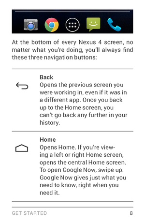 Page 17G E T S TA R T E D  8
At th

e bottom of ever y Nexus 4 screen, no 
matter  what  you’re  doing,  you’ll  always  find 
these three navigation buttons:
Back
Opens the previous screen you 
were working in, even if it was in 
a different app. Once you back 
up to the Home screen, you 
can’t go back any fur ther in your 
histor y.
Home
Opens Home. If you’re view ­
ing a left or right Home screen, 
opens the central Home screen. 
To open Google Now, swipe up. 
Google Now gives just what you 
need to know,...