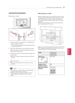 Page 15ENGLISH
\f5ASSEMBLING AND P\bEPA\bING
Securing the TV to a wall (optional)
(Depending on model)
1  Insert and tighten the eye-bolts, or TV brackets and 
bolts on the back of the TV.
- If there are bolts inserted at the eye-bolts position, 
remove the bolts first.
2  Mount the wall brackets with the bolts to the wall.
Match the location of the wall bracket and the eye-
bolts on the rear of the TV.
3 Connect the eye-bolts and wall brackets tightly with 
a sturdy rope.
Make sure to keep the rope horizontal...