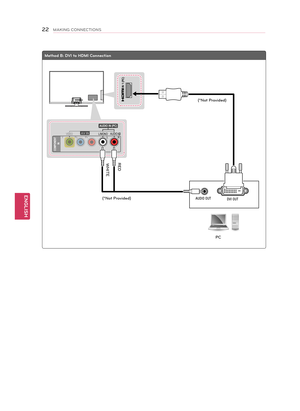 Page 22ENGLISH
22MAKING CONNECTIONS
Method B: \bVI to H\bMI Connection
IN 1 (PC)
IN 1 (PC)
 IN 2
HDMI
COMPONENT   
IN
LPBPRRYVID EOAUDIORL/MONOAV  IN
AUDIO IN (PC )
$8,2287
9,287
PC
(*Not Provided)
(*Not Provided)
\bED WHITE  