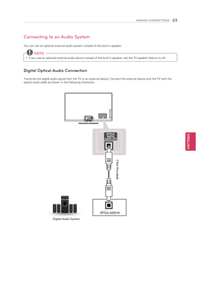 Page 23ENGLISH
23MAKING CONNECTIONS
Connecting to an Audio System
You can use an optional external audio system instead of the built-in speaker.
 NOTE
y
y If you use an optional external audio device instead of the built-in speaker, set the TV speaker feature to off.
Digital Optical Audio Connection
Transmits the digital audio signal from the TV to an external device. Connect the external device and the TV with the 
optical audio cable as shown in the following illustration.
OPTICAL AUDIO IN
 
OPTICAL 
DIGITA...