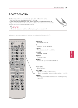 Page 25ENGLISH
25\bEMOTE CONT\bOL
·
REMOTE CONTROL
The descriptions in this manual are based on the buttons on the remote control. 
Please read this manual carefully and use the TV correctly.
To install batteries, open the battery cover, replace batteries (1.5 V AAA) matching the 
 
and  ends to the label inside the compartment, and close the battery cover. To remove the 
batteries, perform the installation actions in reverse.
  C AUTION
y
y Do not mix old and new batteries, as this may damage the remote...