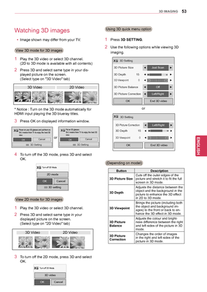 Page 5353
ENGENGLISH
3D IMAGING
Using 3D quick menu option
1 Press 3D SETTING.
2 Use the following options wh ile viewing 3D 
imaging. 
3D Setting
OK End 3D video
3D Picture Size                        ◀Just Scan ▶
3D Depth            15              ◀▶
3D Viewpoint             0◀▶
3D Picture Balance◀Off▶
3D Picture Correction◀Left/Right▶
or
3D Setting
OK End 3D video
3D Picture Correction◀Left/Right▶
3D Depth            15              ◀                        ▶
3D Viewpoint            0◀▶
Button Description...