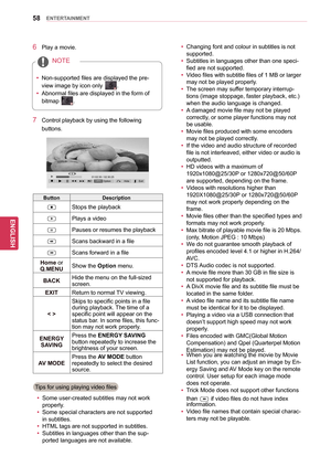 Page 5858
ENGENGLISH
ENTERTAINMENT
7 Control playback by using the following 
buttons.
►01:02:30 / 02:30:25OptionQ.MENU
◄►
■► II◄◄
►►HideExit
Button Description
rStops the playback
sPlays a video
tPauses or resumes the playback
vScans backward in a file
wScans forward in a file
Home or 
Q.MENU Show the Option
 menu.
BACK Hide the menu on the full-sized 
screen.
EXIT Return to normal TV viewing.
< > Skips to specific points in a file 
during playback. The time of a 
specific point will appear on the 
status bar....