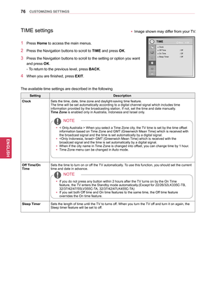 Page 7676
ENGENGLISH
CUSTOMIZING SETTINGS
TIME settings
1 Press Home to access the main menus.
2 Press the Navigation buttons  to scroll to TIME and press OK.
3 Press the Navigation buttons to scroll to the setting or option you want 
and press OK.
-
 
T
 o return to the previous level, press BACK .
4 When you are finished, press EXIT. 
The available time settings are described in the following
TIMEOK
Move
● Clock● Off Time :  Off● On Time : Off● Sleep Timer : Off 
Setting Description
Clock   Sets the time,...