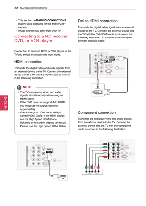 Page 8282
ENGENGLISH
MAKING CONNECTIONS
Connecting to a HD receiver, 
DVD, or VCR player
Connect a HD receiver, DVD, or VCR player to the 
TV and select an appropriate input mode.
HDMI connection
Transmits the digital video and audio signals from 
an external device to the TV. Connect the external 
device and the TV with the HDMI cable as shown 
in the following illustration.
DVI to HDMI connection
Transmits the digital video signal from an external 
device to the TV. Connect the external device and 
the TV...