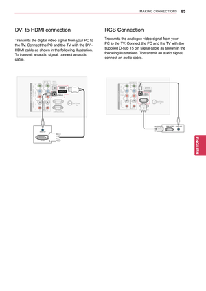 Page 8585
ENGENGLISH
MAKING CONNECTIONS
RGB Connection
Transmits the analogue video signal from your 
PC to the TV. Connect the PC and the TV with the 
supplied D-sub 15 pin signal cable as shown in the 
following illustrations.  To transmit an audio signal, 
connect an audio cable.
OPTICALDIGITALAUDIO OUT
RS-232C IN(CONTROL & S\fRVIC\f)
ANT\fNNA IN
1\bDMI/DVI IN
COMPON\fNT INAUDIOR L
Y
PBPR
VID\fO
AV IN 1
VID\fO
1
2
AUDIO IN
(RGB/DVI)
RGB IN (PC)
RGB OUT (PC)AUDIO OUT
L/MONO
RAUDIO
DVI to HDMI connection...