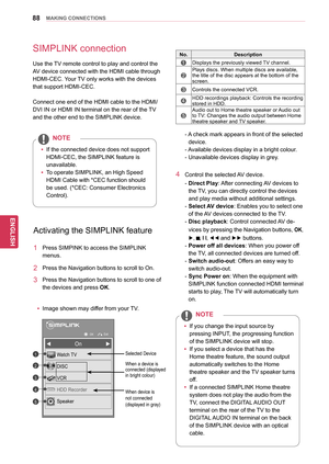 Page 8888
ENGENGLISH
MAKING CONNECTIONS
4 Control the selected AV device.
-   
Direct Play
 : After connecting AV devices to 
the TV, you can directly control the devices 
and play media without additional settings.
- 
 
Select 
 AV device: Enables you to select one 
of the AV devices connected to the TV.
- 
 
Disc playback
 : Control connected AV de-
vices by pressing the Navigation buttons, 
OK, 
►,  ▀, l l, ◄◄ 
and ►►
 buttons.
- 
 
Power off all d

evices: When you power off 
the TV, all connected devices...